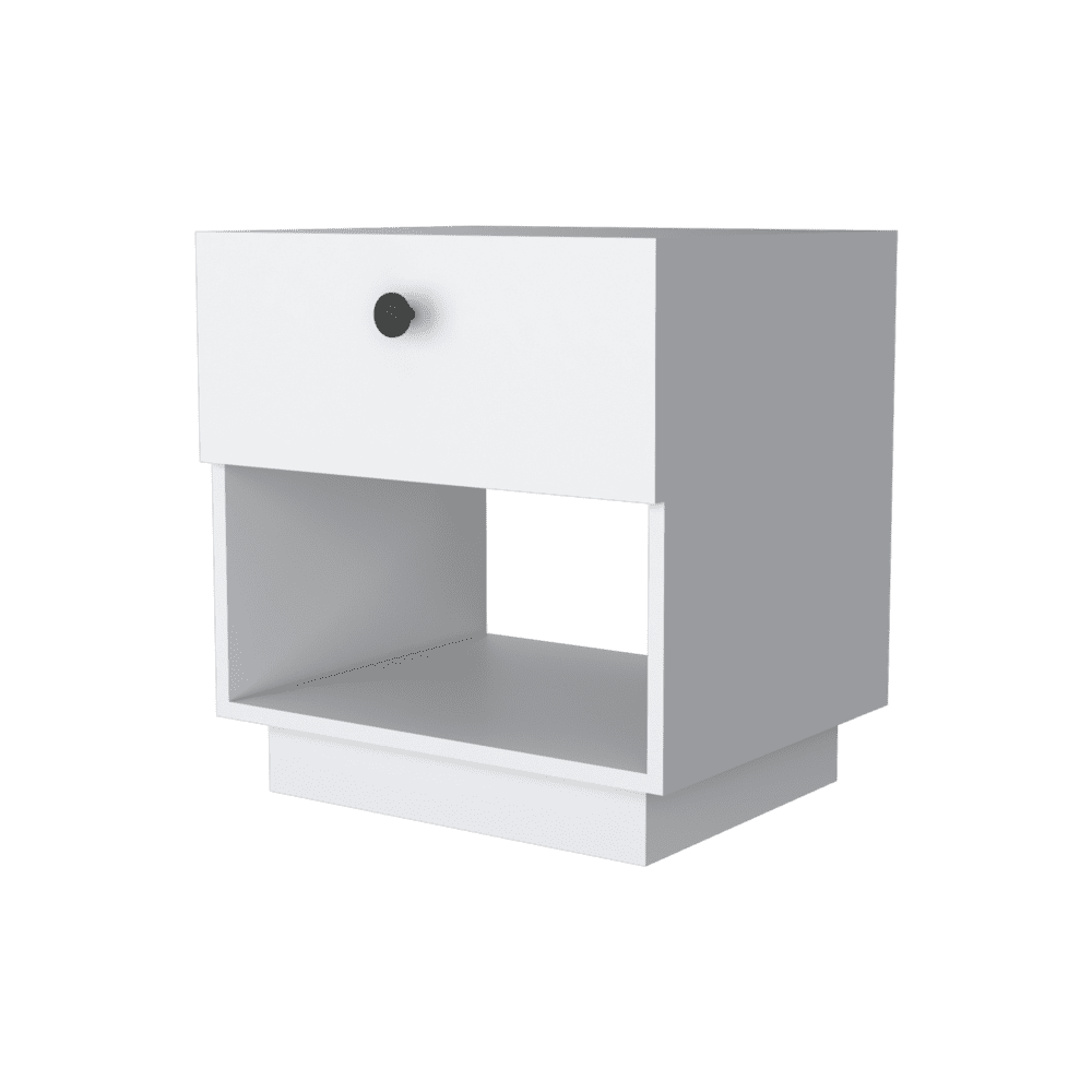 White Engineered Wood 1-Drawer Nightstand with Open Shelf