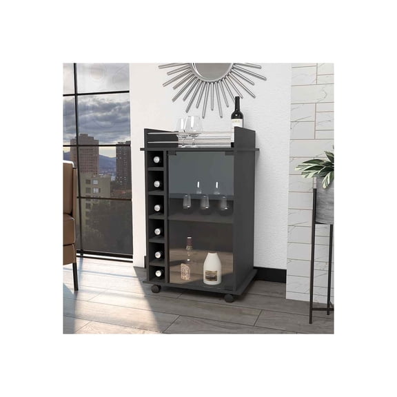 FM FURNITURE Vegas Bar Cart With 2-Tier Cabinet With Glass Door And 6 Cubbies For Liquor
