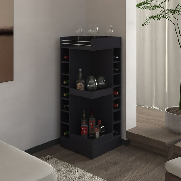 FM FURNITURE Lamer Corner Bar Cabinet with Wine Rack and Open Shelf, Black
