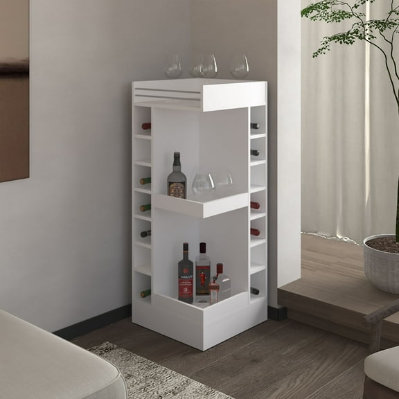 FM FURNITURE Lamer Corner Bar Cabinet with Wine Rack and Open Shelf, White