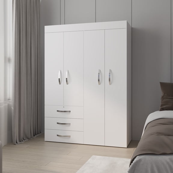 FM FURNITURE Laurens 4-Door Wardrobe with Drawers and Shelves, Multistorage, Spacious Design, White
