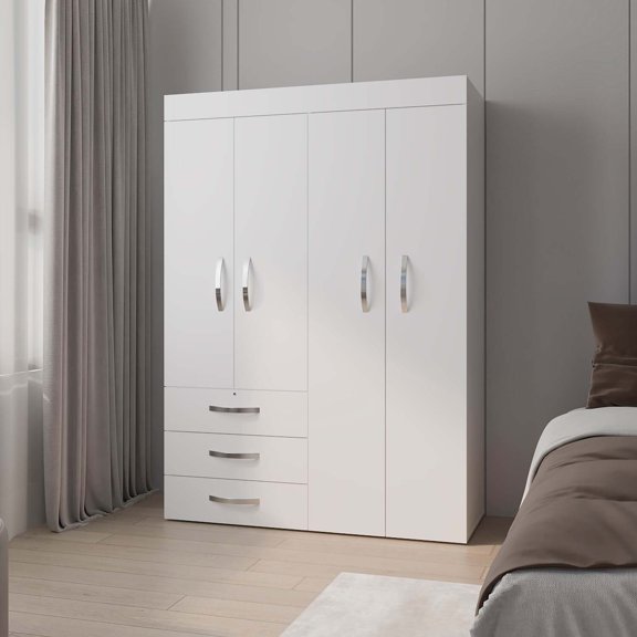 FM FURNITURE Laurens 4-Door Wardrobe with Drawers and Shelves Multistorage White