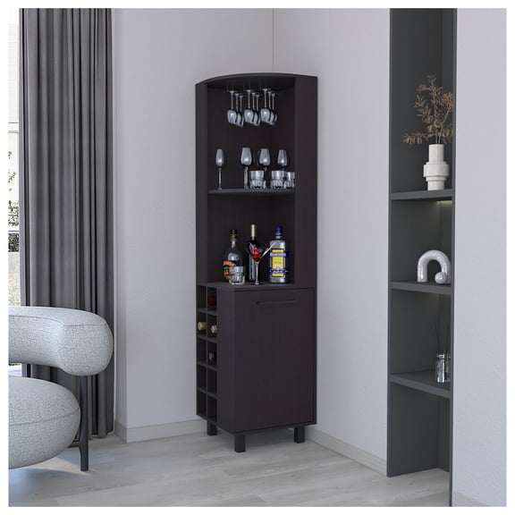 FM FURNITURE Leah Corner Bar cabinet with ample storage and wine rack. Wengue Wenge + Primary Living Space + Modern + Melamine + Particle Board