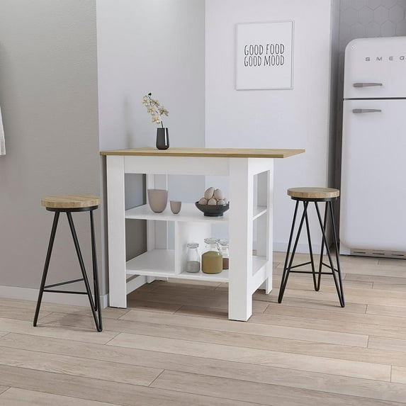 FM FURNITURE Lisbon Kitchen Island, 3-Tier Shelf and Large Workstation