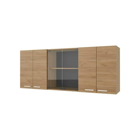Fm Furniture Wall Cabinet kitchen in Melamine wit 4 Doors  and Glass Storage, Natural Oak