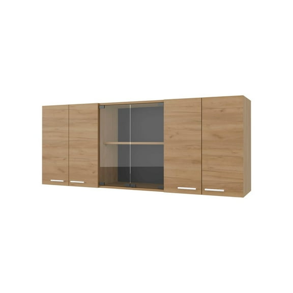 Fm Furniture Wall Cabinet kitchen in Melamine wit 4 Doors  and Glass Storage, Natural Oak