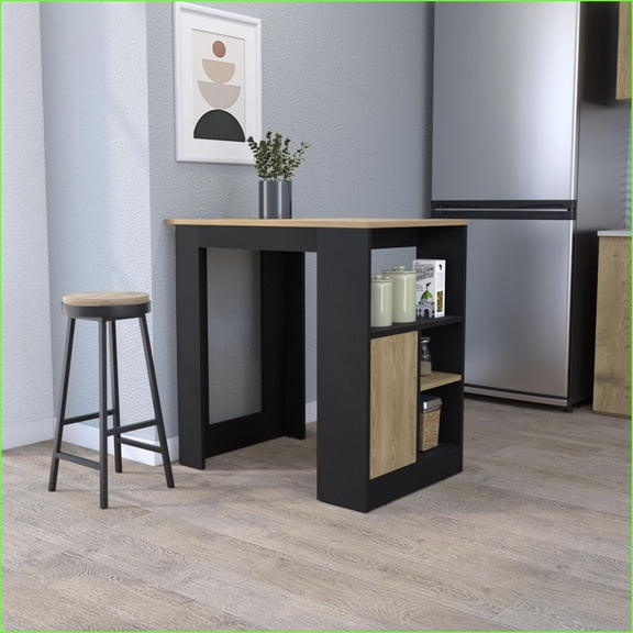FM FURNITURE Modern Kitchen Island with Door & Open Storage, Black/Walnut Brown | Melamine | Small (less than 40in)