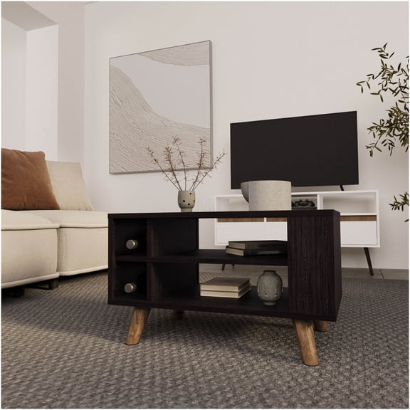 FM FURNITURE Modern Wenge Coffee Table with Open Storage Shelves, Melamine Scratch-Resistant Console Table for Living Room
