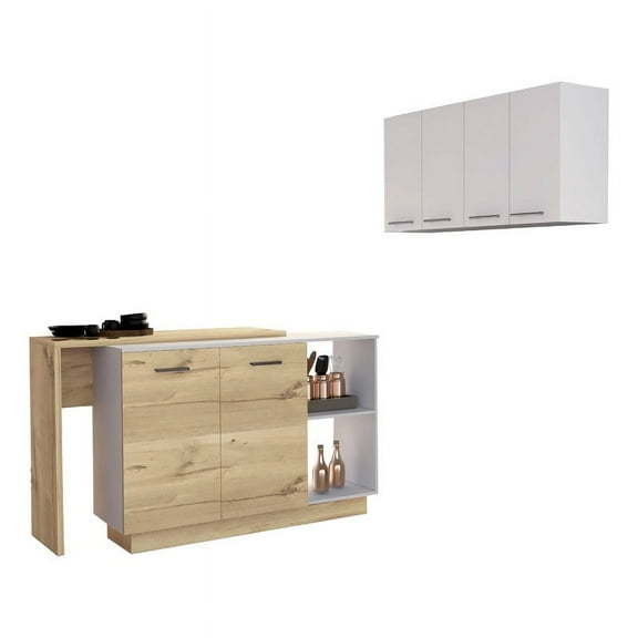 FM FURNITURE Norwalk 2 Piece Kitchen Set, Kitchen Island + Upper Wall Cabinet , White /Light Oak