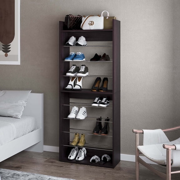 FM FURNITURE Oak Springs Tall Open Shoe Rack with Multi-Tier Shelves Wengue