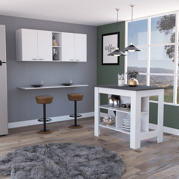 FM FURNITURE Ottawa 2 Piece Kitchen Set, Brooklyn Kitchen Island and Virginia Storage Cabinet White/Onyx