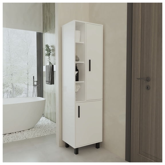 FM FURNITURE Pinal Linen Cabinet with Open Storage and 2 Doors, White White + 2 + 5+ + 18 to 23 in + 60 in & above + Bathroom + Freestanding + Modern + 10 - 15 inches + Melamine + Particle Board