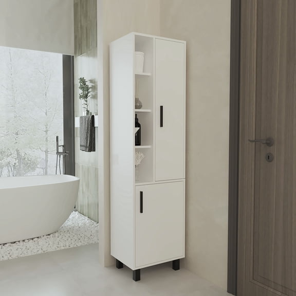 FM FURNITURE Pinal White Linen Cabinet: Tall Freestanding Storage Solution with 2 Doors & Open Shelves for Bathroom. Scratch-Resistant Melamine Particle Board, 68.1"H x 17.9"W x 14"D. Modern Space-Sa