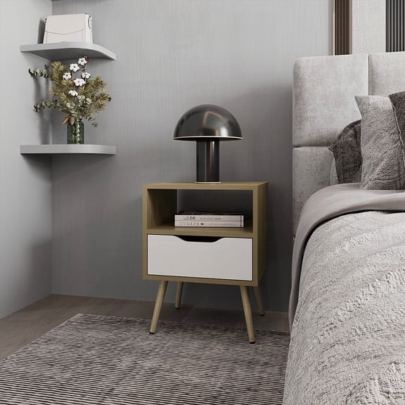 FM FURNITURE Prescott Valley Open Storage Nightstand, Natural Oak & White