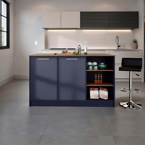 FM FURNITURE Red Rock Kitchen Island with 2 Doors and Open Storage,