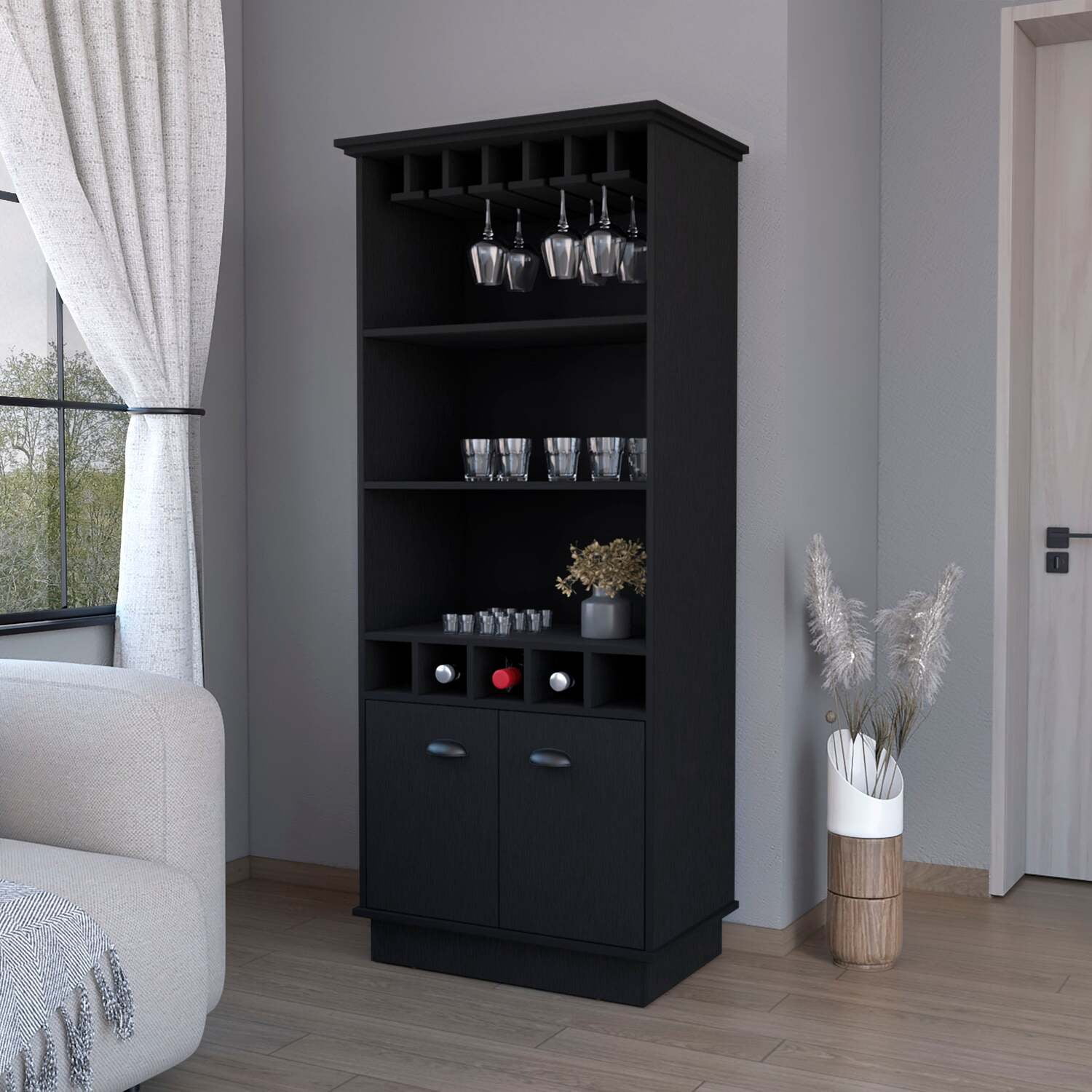 FM FURNITURE Sophia Bar Cabinet with Glassware Rack and Five Bottle ...