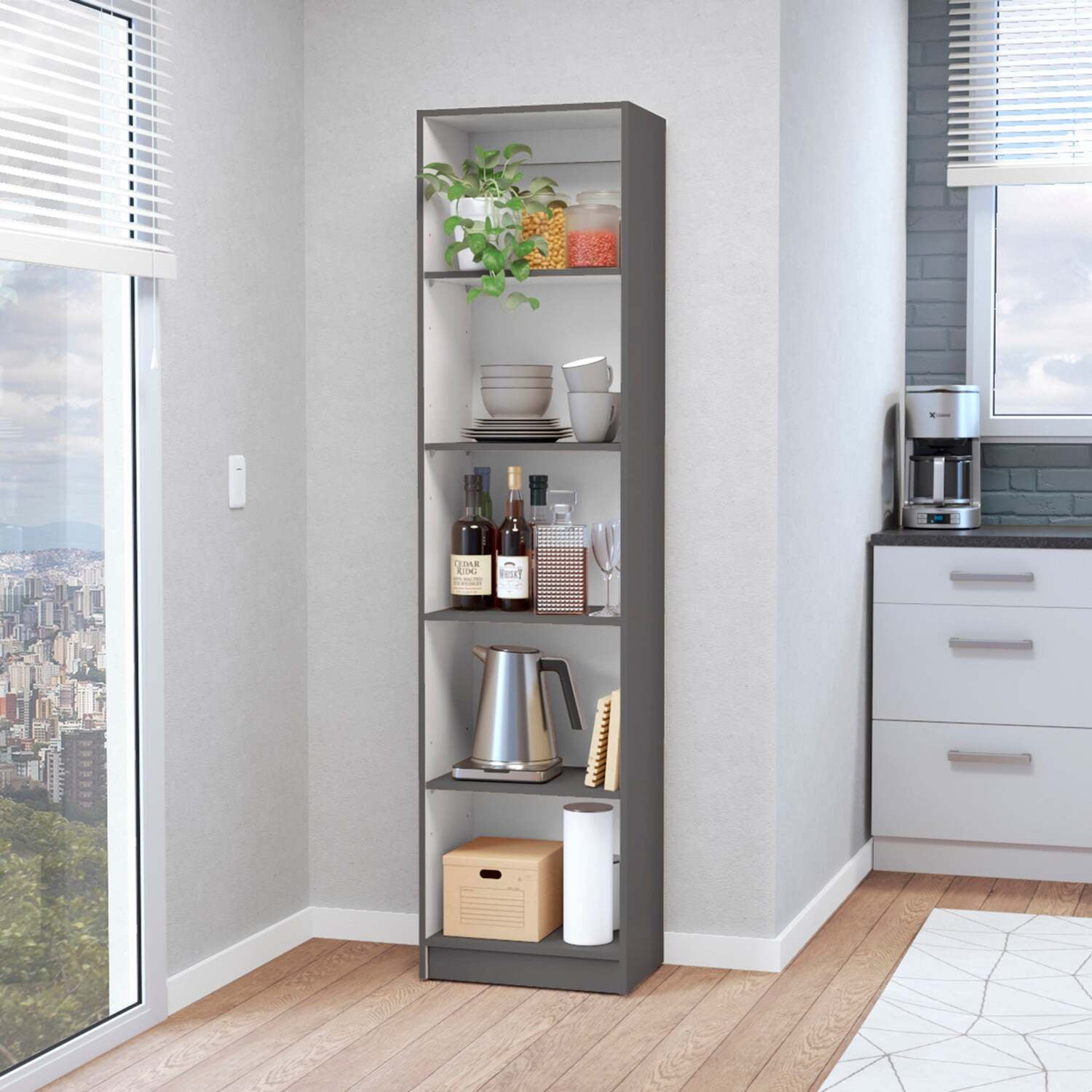 FM FURNITURE Sutton Slim Bookcase Multicolor Engineered Wood Gray