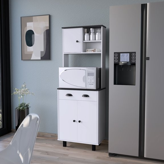 FM FURNITURE Tacna Kitchen Pantry with ample storage, 2 open shelves, 1 drawer, 1 cabinet, 2 shelves, White+wengue