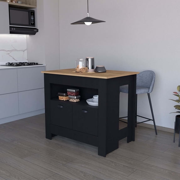 FM FURNITURE Theba Kitchen Island with 2 doors 3 shelves Black Engineered Wood