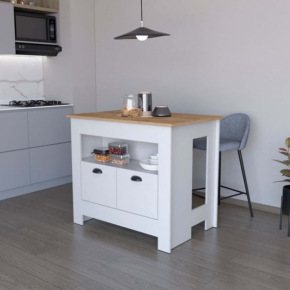 FM FURNITURE Theba Kitchen Island with 2 doors 3 shelves White Engineered Wood