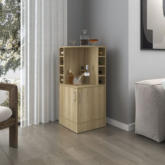 FM FURNITURE Toyei Natural Oak Corner Bar Cabinet: 8-Bottle Rack, Open Shelves, Hidden Storage, Modern Style, 42.6"H, Particle Board & Melamine, Ideal for Living Space