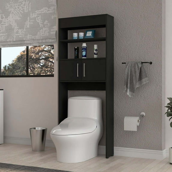 FM FURNITURE Valencia Over The Toilet Cabinet, Two Shelves, Double Door ,Black