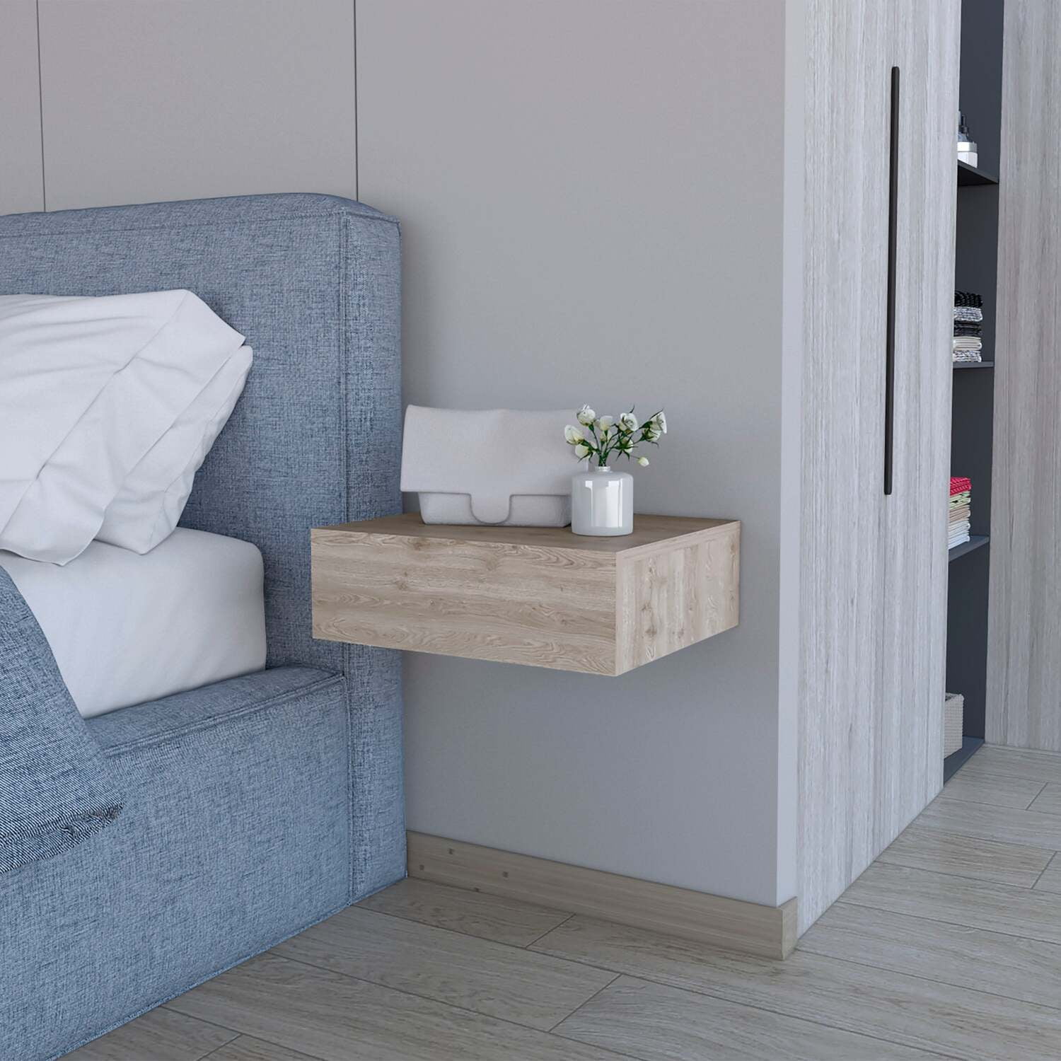 Light Gray Pine Floating Nightstand with 1 Drawer