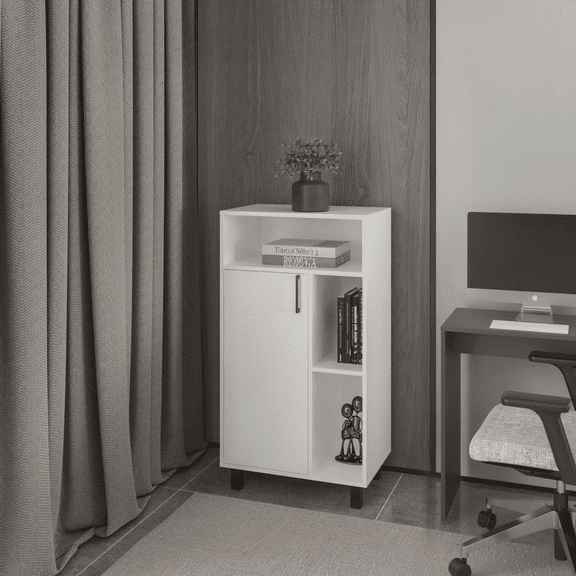 FM FURNITURE White Modern Compact Cabinet with Open Storage & 1 Door - Ideal for Small Spaces