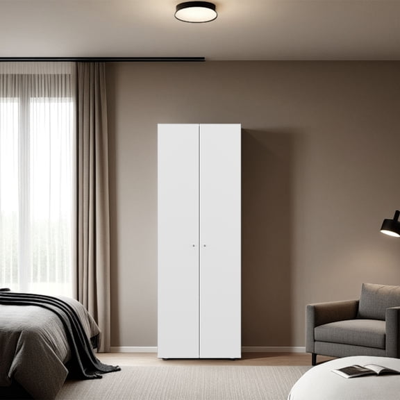FM FURNITURE World 2-Door Tall Wardrobe Cabinet, 4 Shelves, Vertical Storage, 66.9"H Bedroom, White