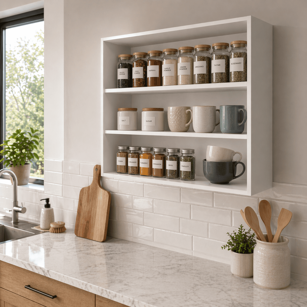 FM Furniture Chinle Wall Cabinet - Melamine Kitchen Shelf with 3 Open ...