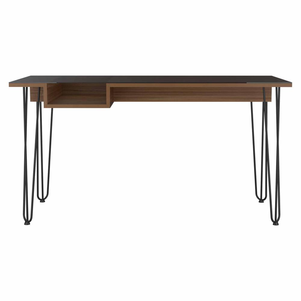 Mahogany Wood Desk with Glass Top and Metal Legs