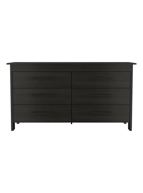 FM Furniture Luxor Modern Wood Bedroom Double Dresser with 6-Drawer in Black