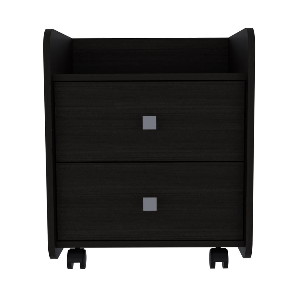 York Modern Black Wenge Wood Nightstand with 2 Drawers and Casters