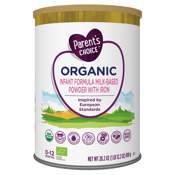 Parents Choice Organic Whole Milk Infant Formula Powder with Iron, Prebiotics & DHA, European Inspired, 28.2 OZ, 800 g