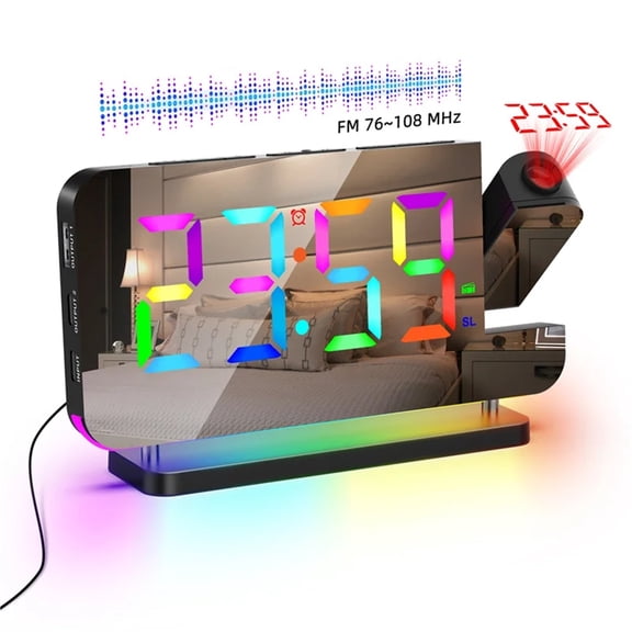 FM Radio 180° Projection Alarm Clock RGB With RGB Night Light 6 Levels Brightness Dual USB Output Port 12H/24H Digital LED Clock