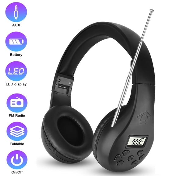 FM Radio Headphones with Memory Foam Earmuffs - Battery Operated Foldable Wireless Headset for Sports, Commuting, Gym - Black