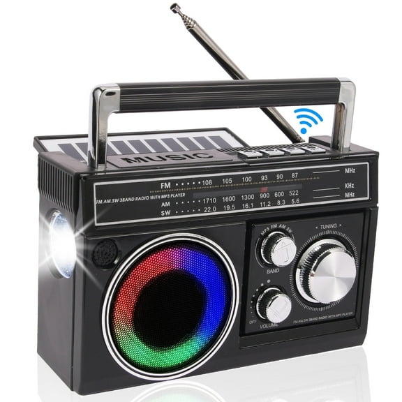 AM FM SW Radio Portable with Bluetooth Speaker, Illumination, USB TF Card Playing, Solar/USB-C Rechargeable Radios, Colorful Light, Transistor Radios Portable Emergency, Bluetooth Radio