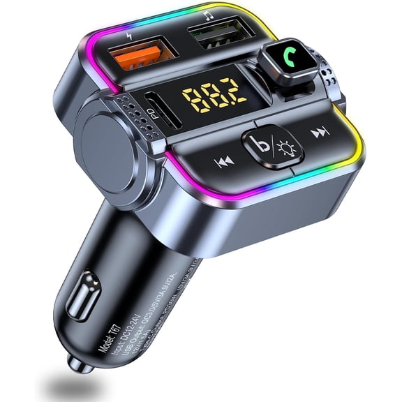 FM Transmitter for Car Bluetooth, Upgraded PD30W USB C & QC3.0 USB Charger Bluetooth 5.3 Radio Adapter, Hands-Free Wireless Car Kit Music Player with Ambient Light, USB-Flash Playing