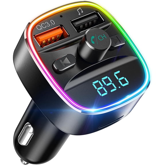 FM Transmitter, with Dual Radio Kit MP3 Player Support TF Card & Disk, Hands- Calling, 7 Colors Backlit Light, Black