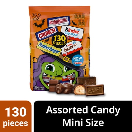 Butterfinger, CRUNCH, Baby Ruth, 100 Grand, Kinder Bueno, Kinder Chocolate, Halloween Candy Fun Size , 130 Minis, 25.9 oz