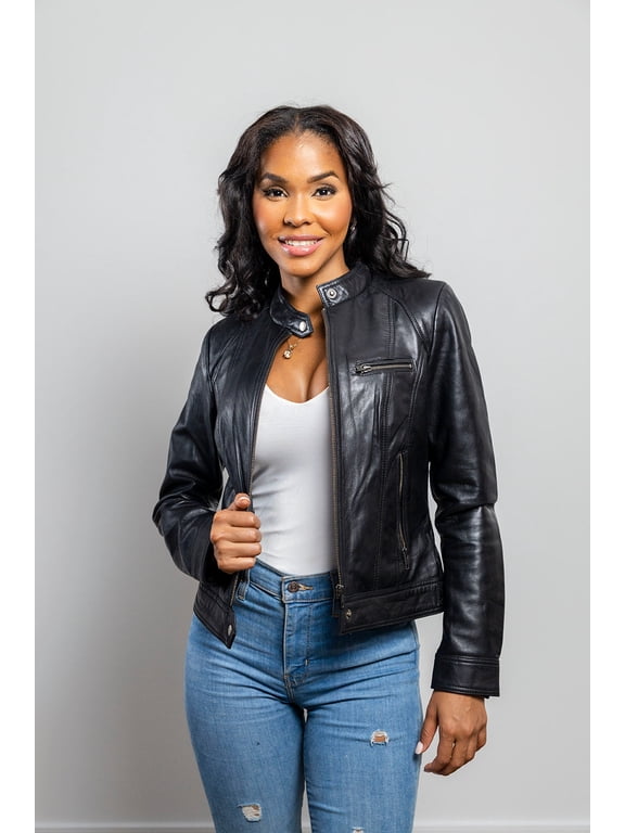 FMCo NY Stella Women's Racer Style Lambskin Leather Fashion Jacket - Black XS-5XL