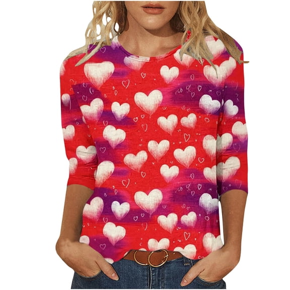 FMFYFH Plus Size Valentine Shirts for Women Causal Dressy 3/4 Sleeve Tunic Top Loose Graphic Tee Heart Print Crewneck Shirts