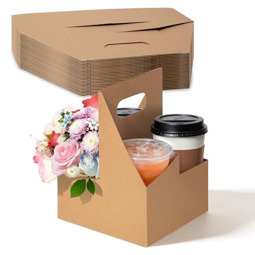 FMP Brands 4 Cup Disposable Drink Carrier with Handle, 25 Pack Kraft Paperboard Handled Drink Carriers 12-30 oz to Go Coffee Cup Holder, Cup Carrier for Cold Hot Drinks, Valentine Mother's Day