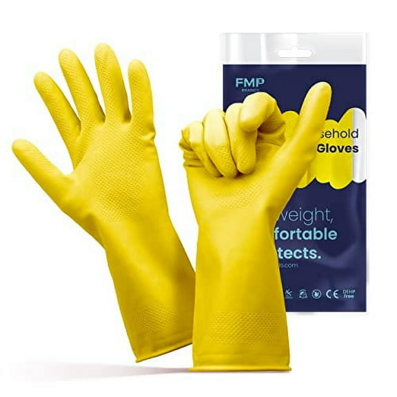 FMP Brands Cleaning Gloves 12 Pairs Rubber Gloves for Washing Dishes Non-Slip Dishwashing Gloves Waterproof Reusable Latex Dish Gloves for Kitchen, Bathroom, Household, Gardening (Large, Yellow)