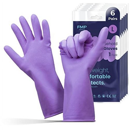 FMP Brands Cleaning Gloves 6 Pairs Rubber Gloves for Washing Dishes Non-Slip Dishwashing Gloves Waterproof Reusable Latex Dish Gloves for Kitchen, Bathroom, Household, Gardening (X-Large)
