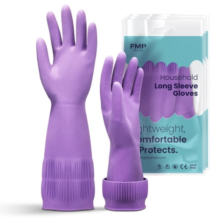 FMP Brands Dishwashing Gloves, 3 Pairs, 15 Inch Extra Long Rubber Gloves for Washing Dishes, Non-Slip Design, Medium