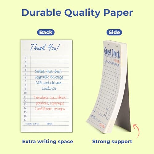 FMP Brands Guest Check Books for Servers, Server Note Pads Paper, Total 2500 Sheets (50 Pads), White with Guest Receipt, Guest Check Pads, Restaurant Order Pads, Waitress Notepads