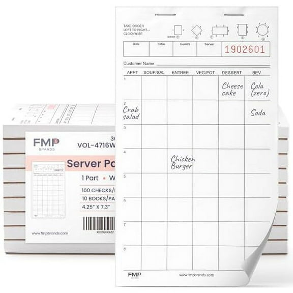 FMP Brands Server Note Pads Paper, Guest Check Books, Total 5000 Sheets, 50 Pads, 100 Sheets/Pad, Guest Check Pads, Order Pads for Servers, Waitress Notepads for Restaurant, Bar, Cafe, Diners