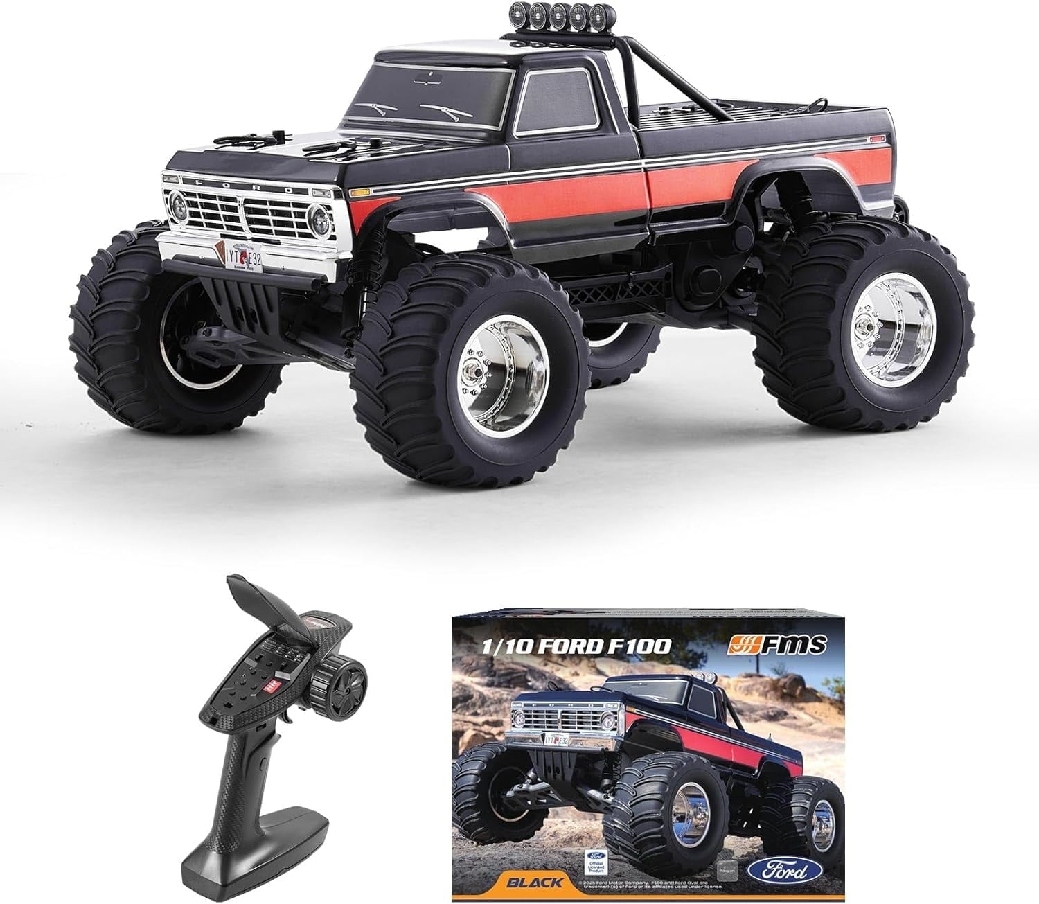 FMS 1/10 Ford F-100 RC Crawler, RTR 2WD Off-Road Truck with Wheelie Bar, High-Torque Motor, Ball Bearing, Hobby Grade Remote Control Car for Adults, Black