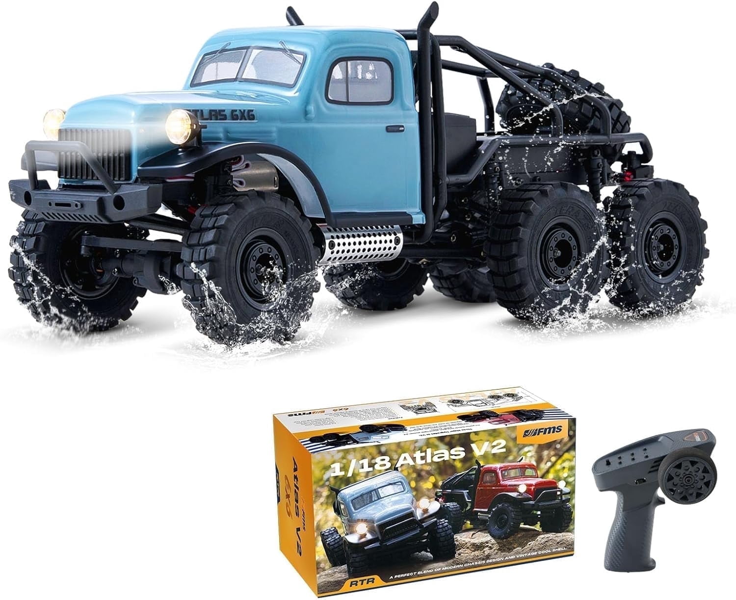 FMS Atlas 1/18 6x6 RC Crawler RTR Waterproof with LED Lights (Blue ...